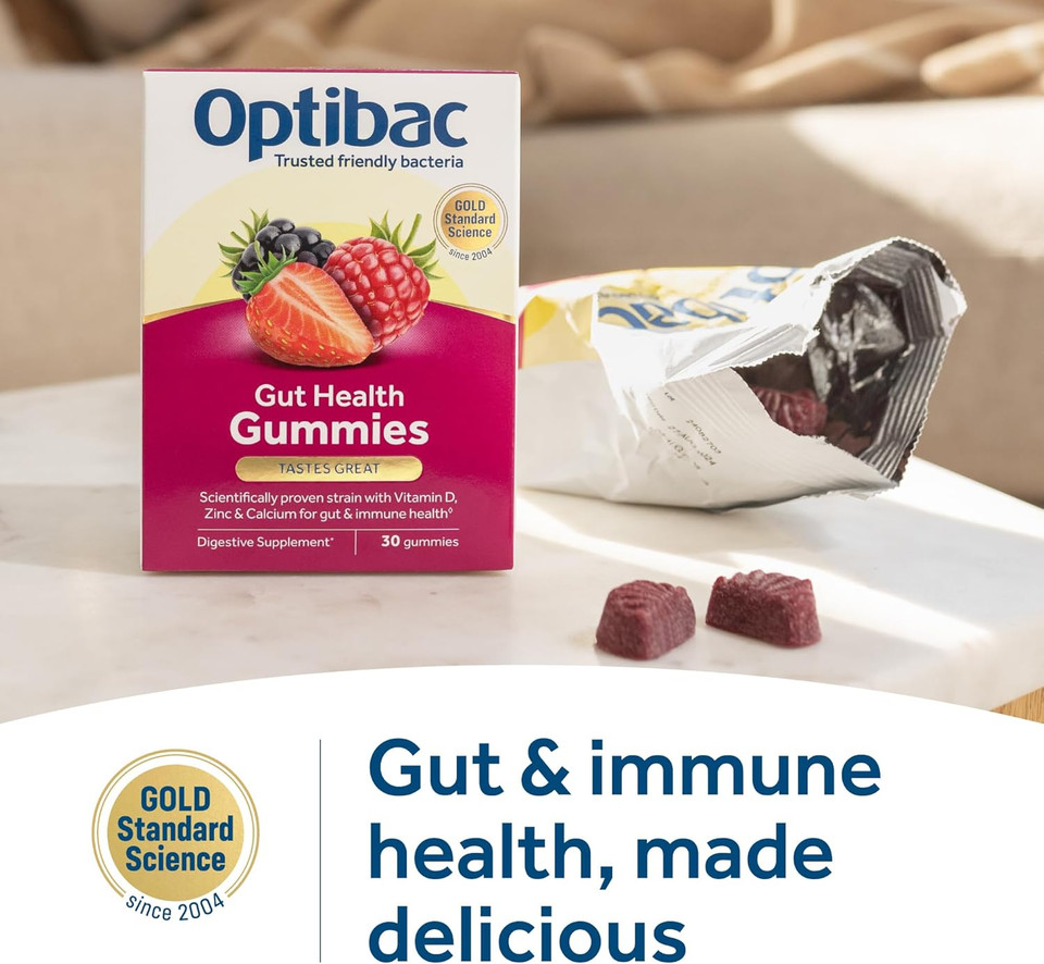 Optibac Probiotics Gut Health Gummies - Vegan Digestive Probiotic Supplement with Vitamin D, Zinc & Calcium for Immune Support & Gut Health - 5 Billion Bacterial Cultures - 30 Gummies