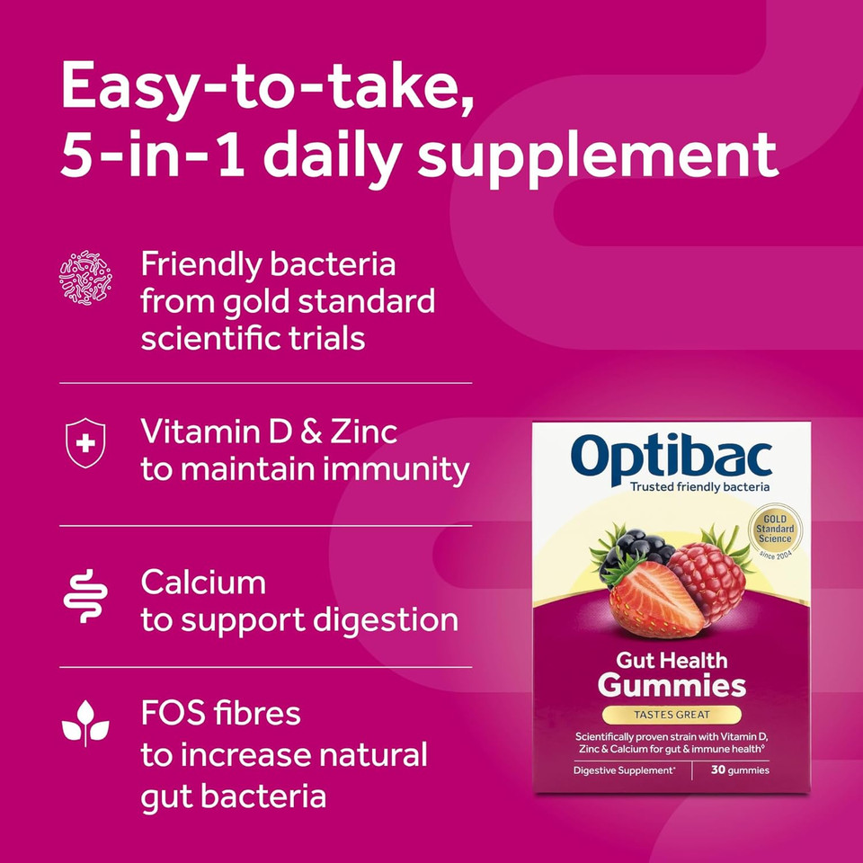 Optibac Probiotics Gut Health Gummies - Vegan Digestive Probiotic Supplement with Vitamin D, Zinc & Calcium for Immune Support & Gut Health - 5 Billion Bacterial Cultures - 30 Gummies