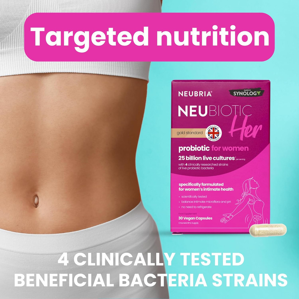 NEUBRIA NEUBIOTIC HER  Probiotics for Women 25 Billion CFU  Daily Probiotic Supplement with 4 Clinically Studied Live Cultures for Womens Intimate Flora, Gut & Digestion  30 Vegan Capsules