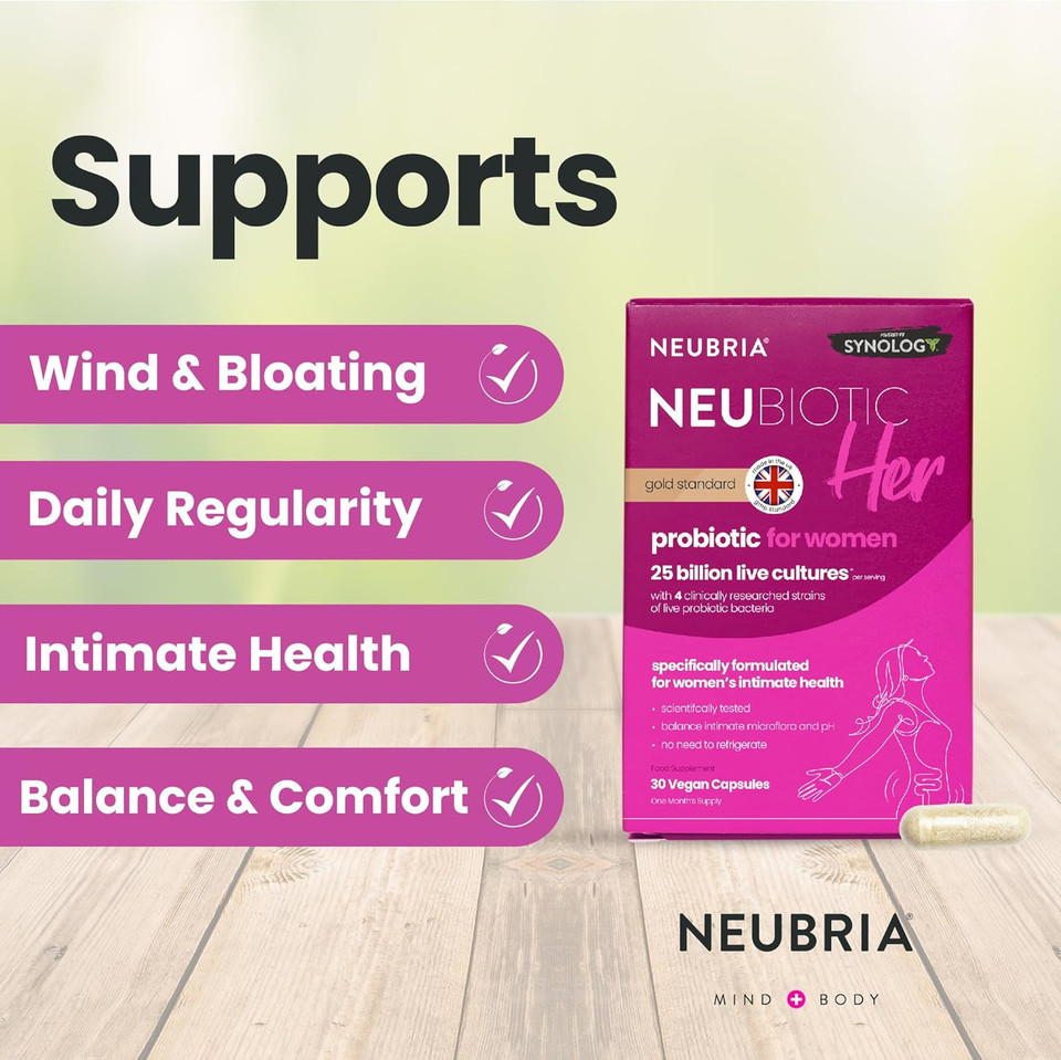 NEUBRIA NEUBIOTIC HER  Probiotics for Women 25 Billion CFU  Daily Probiotic Supplement with 4 Clinically Studied Live Cultures for Womens Intimate Flora, Gut & Digestion  30 Vegan Capsules
