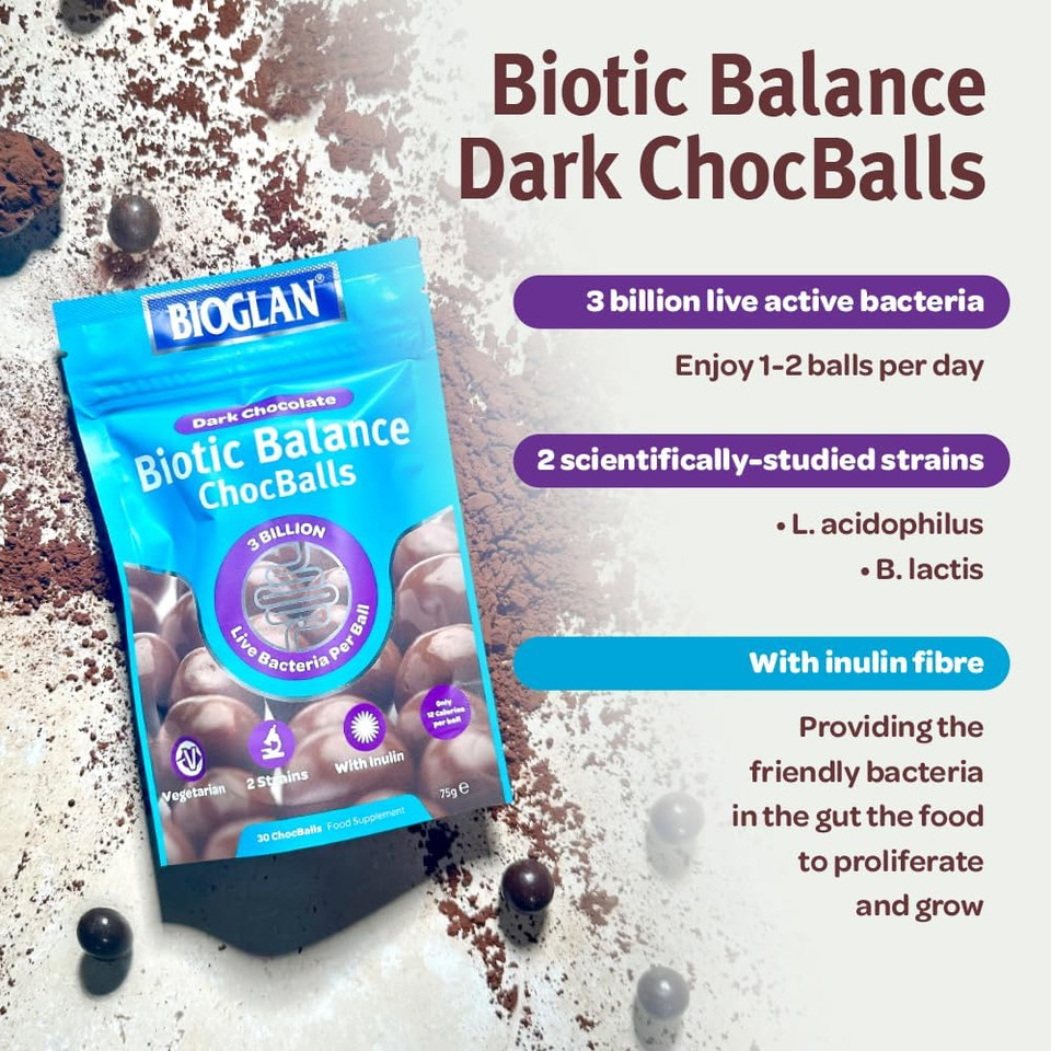 Bioglan Biotic Balance Dark Choc Balls | 3 Billion | CFU | Live Cultures | Inulin | 30 Balls