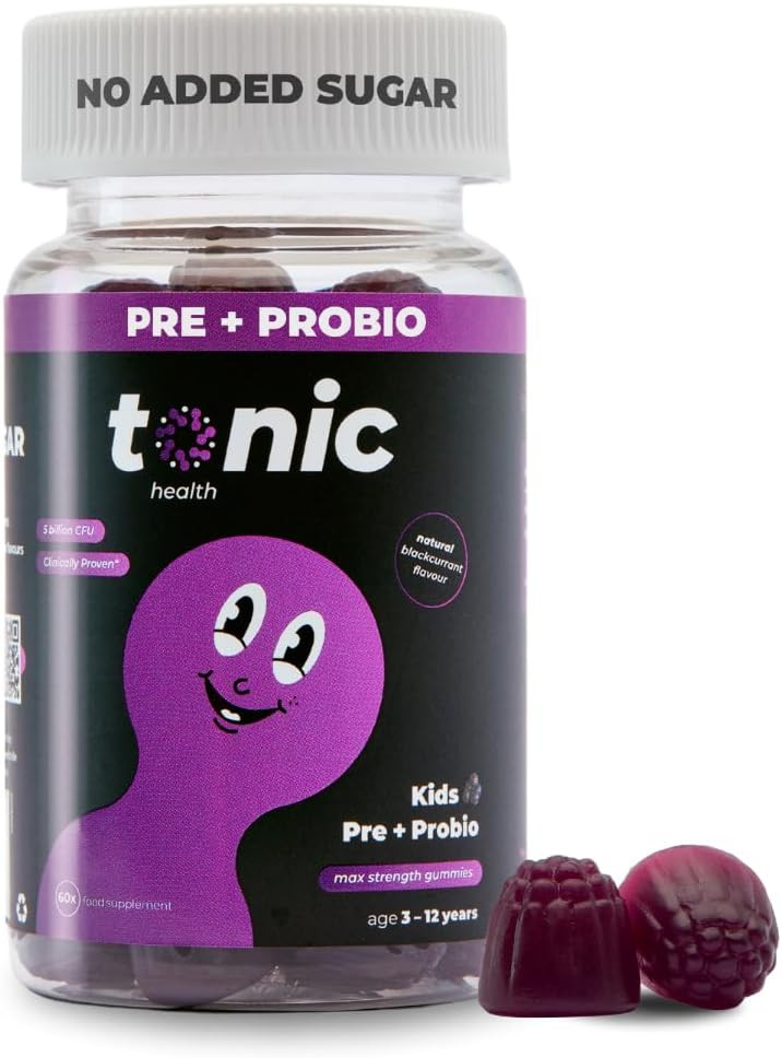 Tonic Health Kids Probiotic Gummies - 2 in 1 Prebiotics & Probiotics for Kids, No Added Sugar, Digestive System, Gut Health, Immune System, Ages 3-12, Vegan, Blackcurrant, Month Supply (60 Count)