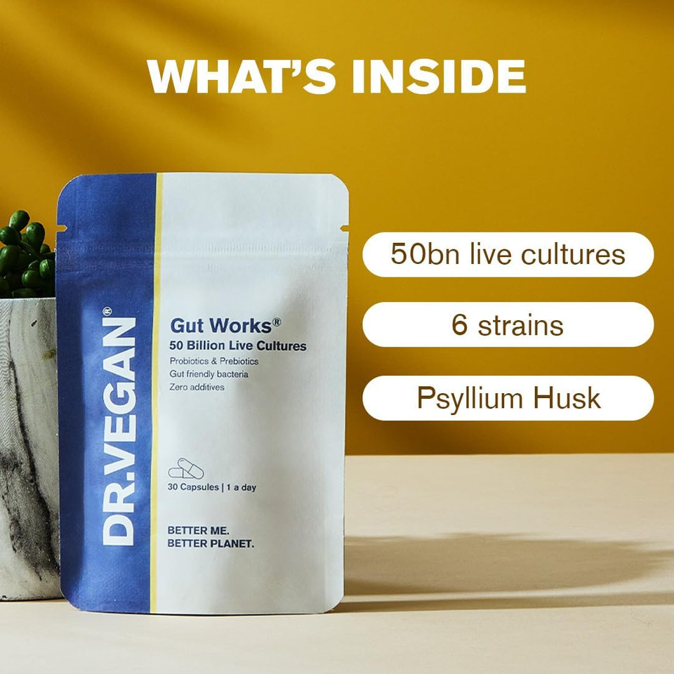 Gut Works® | 6 Prebiotics and Probiotic Strains | 50 Billion CFU Bacteria Live Cultures | Daily Support for Gut Health | 30 Vegan Capsules | One-A-Day | DR.Vegan