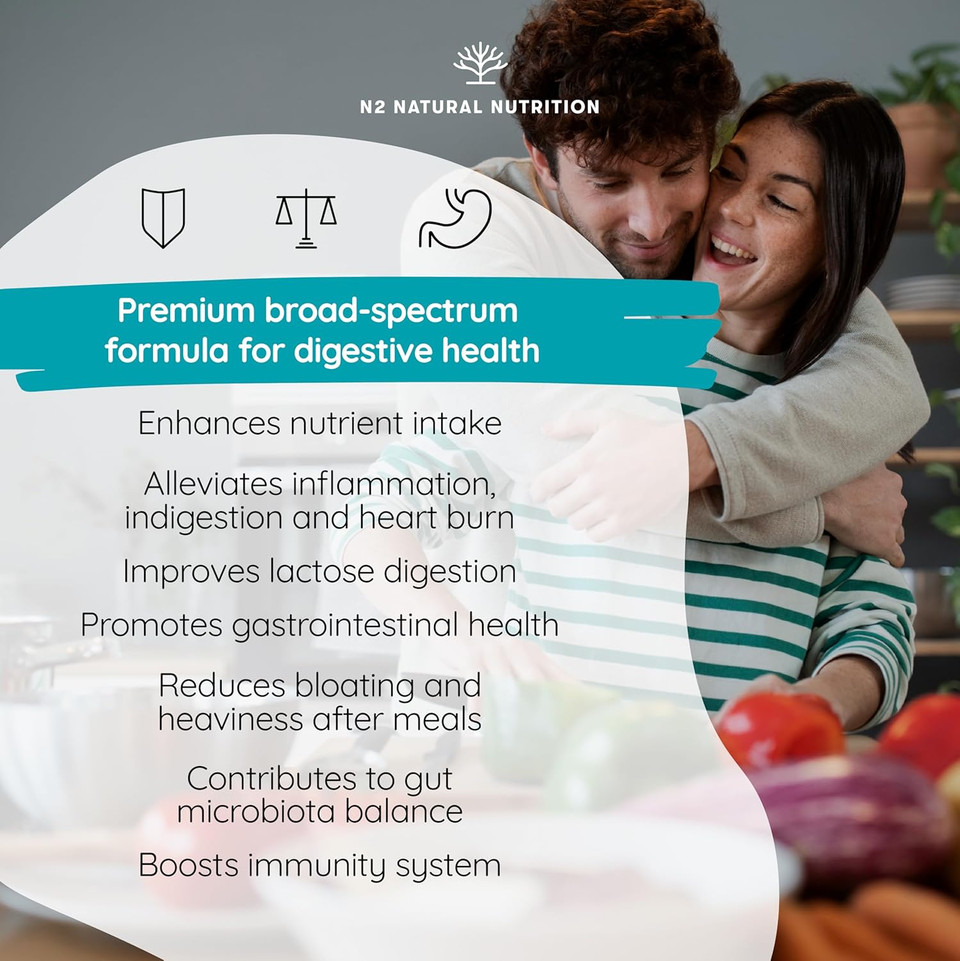 Probiotics Complex 60 Billion UFC, 30 Strains with Digestive Enzymes Plus Prebiotics and Zinc. Bacterial Cultures, Helps Immune System. with lactobacillus. 90 Capsules. CE. N2 Natural Nutrition