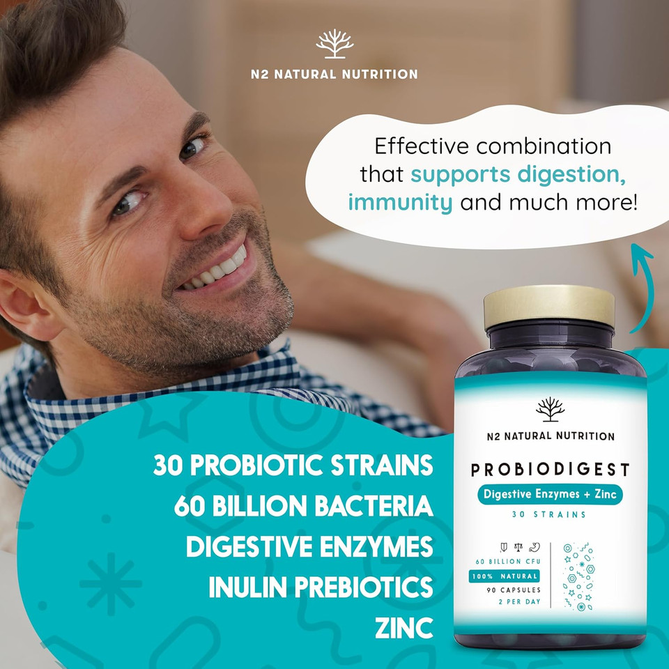 Probiotics Complex 60 Billion UFC, 30 Strains with Digestive Enzymes Plus Prebiotics and Zinc. Bacterial Cultures, Helps Immune System. with lactobacillus. 90 Capsules. CE. N2 Natural Nutrition