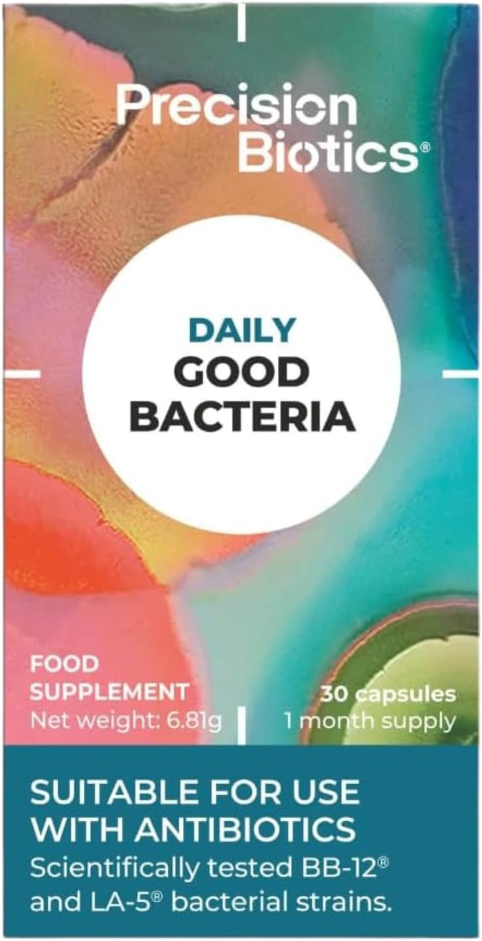 PrecisionBiotics Daily Good Bacteria - Daily Gut Health Probiotics Supplement - BB-12 and LA-5 Bacterial Culture Strains + FOS fibers - 30 Capsules