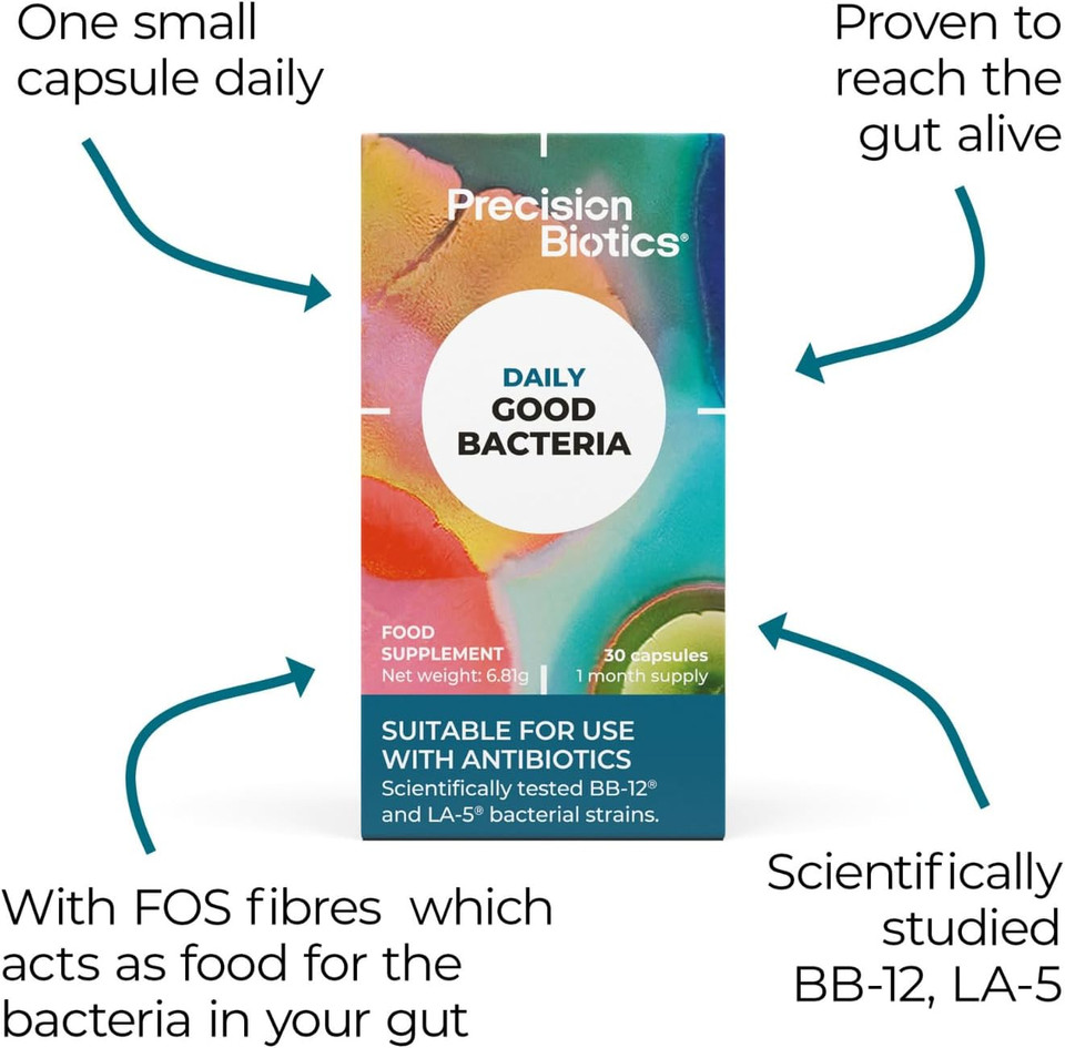 PrecisionBiotics Daily Good Bacteria - Daily Gut Health Probiotics Supplement - BB-12 and LA-5 Bacterial Culture Strains + FOS fibers - 30 Capsules