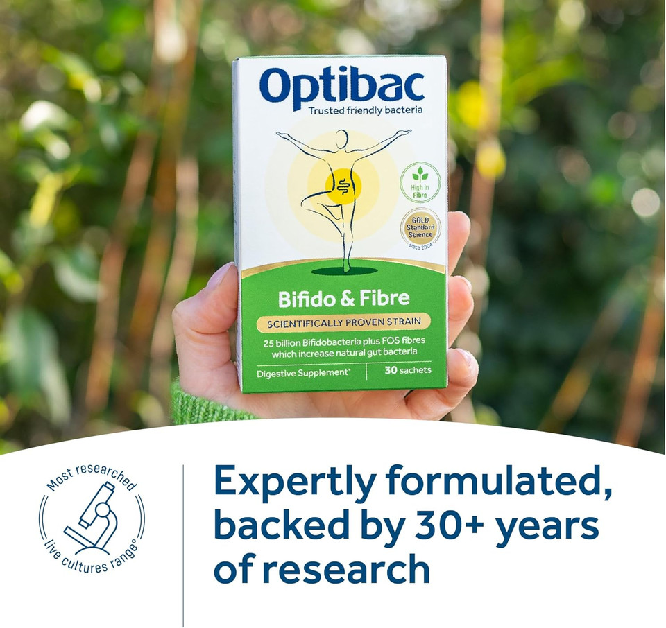 Optibac Probiotics Bifido & Fibre - Vegan Digestive Probiotic Supplement with FOS Fibre to Maintain Regularity & 25 Billion Bacterial Cultures - 30 Sachets