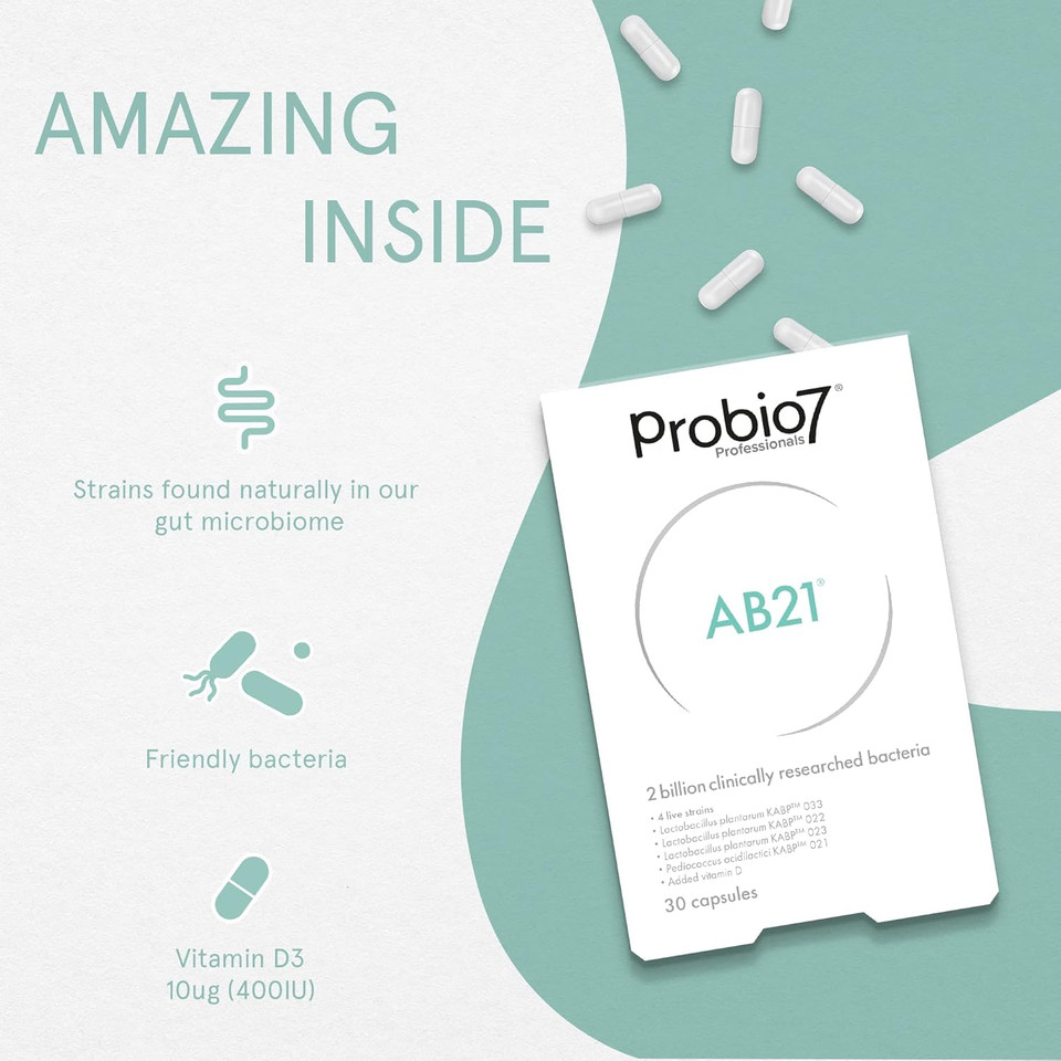 Probio7 Professionals AB21 Gut Health Supplements - Digestive Probiotic Supplement with Vitamin D3 & 2 Billion Bacterial Cultures, for Immune Support & Gut Health - 30 Vegan Capsules