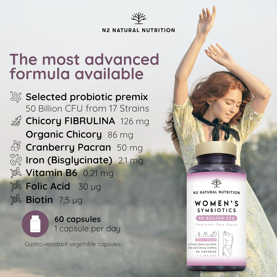 Probiotics for Women 300 Billion CFU/gr* 17 Multi strains, 360 Female Health Solution for Gut, Vaginal, Urinary, Skin Health. Hormonal Balance & Vaginal probiotics 60 Caps N2 Natural Nutrition