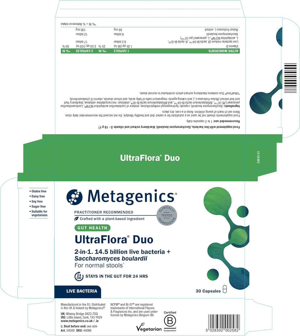 Metagenics UltraFlora Duo - Probiotic - 14.5 Billion Live Bacteria with Saccharomyces boulardii & Vitamin D - Gut and Immune Support - 30 Capsules