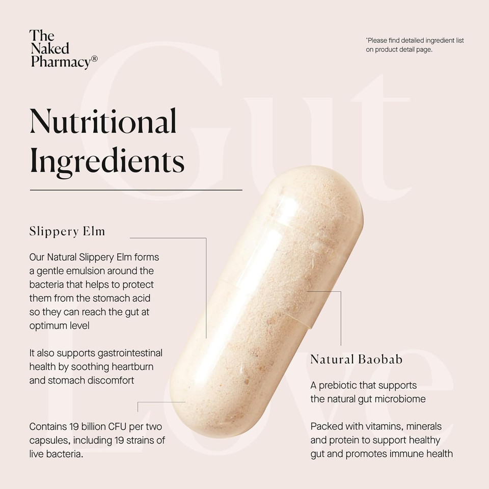 The Naked Pharmacy | Gut Love | Natural Probiotic & Prebiotic for Gut Health | High Strength | Digestive Supplements | Vegan | 60 Capsules