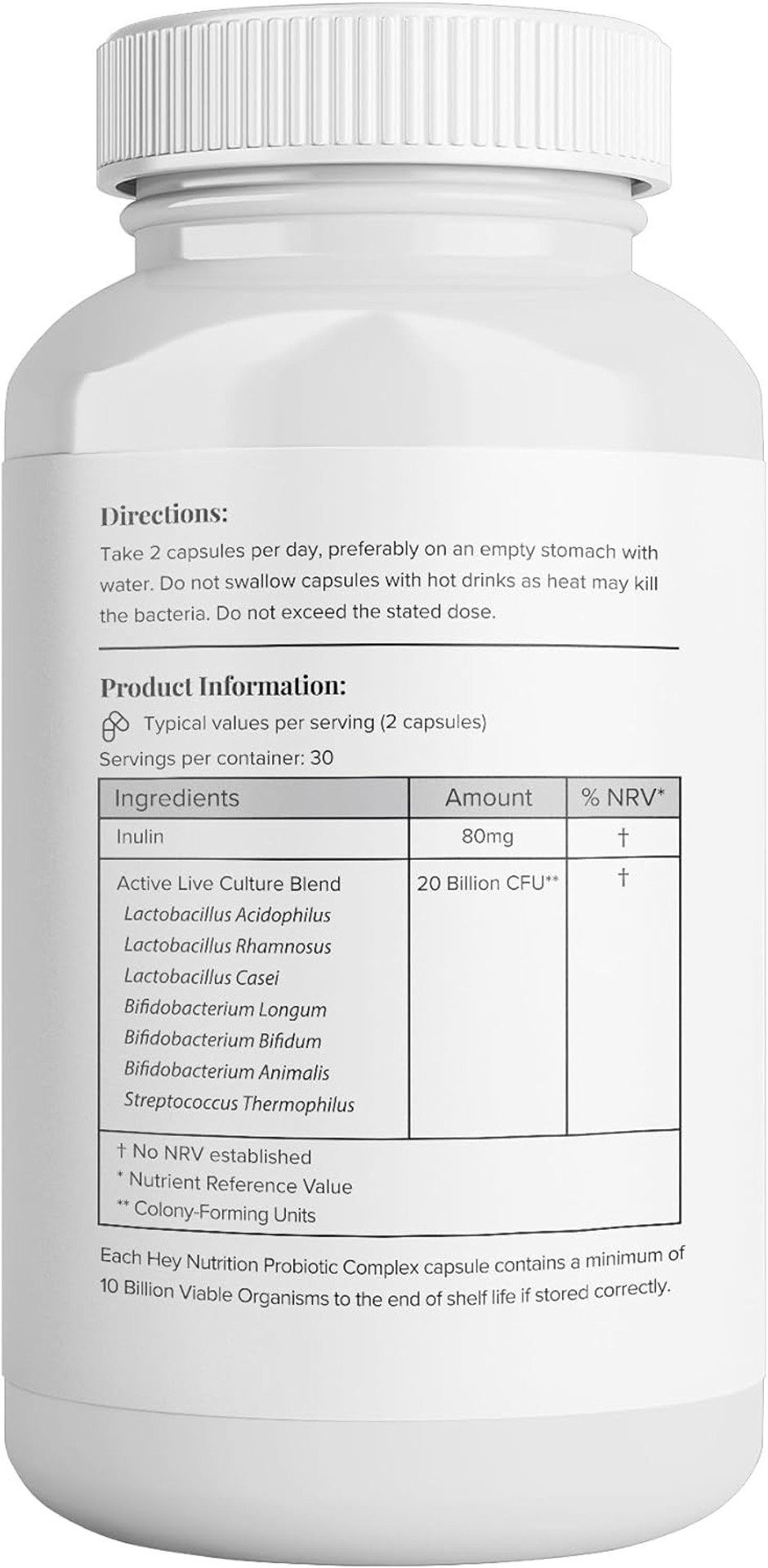 Hey Nutrition Probiotic Complex Supplement - 20 Billion CFU - Suitable for Vegetarians & Vegans - Supports Gut & Skin Health, Improves Immune Response - UK Manufactured - 60 Vegan Capsules