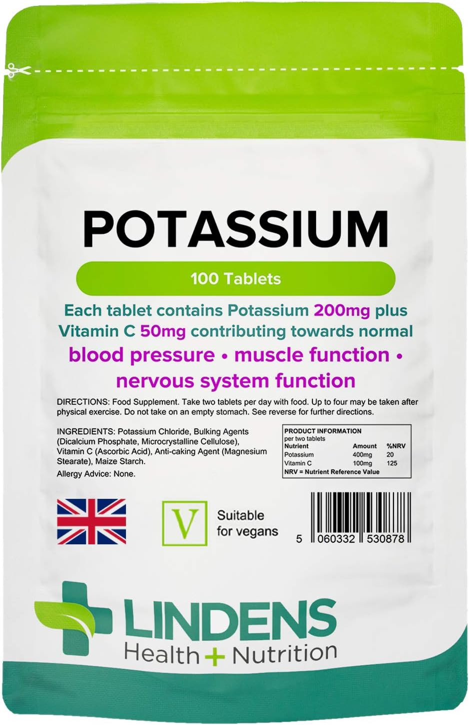 Lindens - Potassium 200mg Tablets with 50mg Vitamin C - 100 Tablets - UK Made - Contributes to Normal Blood Pressure, Muscle Function and Nervous System Function - Letterbox Friendly, Vegan
