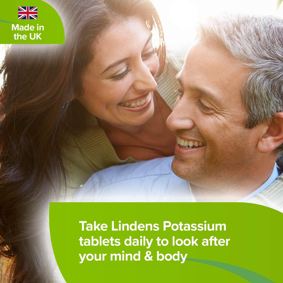 Lindens - Potassium 200mg Tablets with 50mg Vitamin C - 100 Tablets - UK Made - Contributes to Normal Blood Pressure, Muscle Function and Nervous System Function - Letterbox Friendly, Vegan