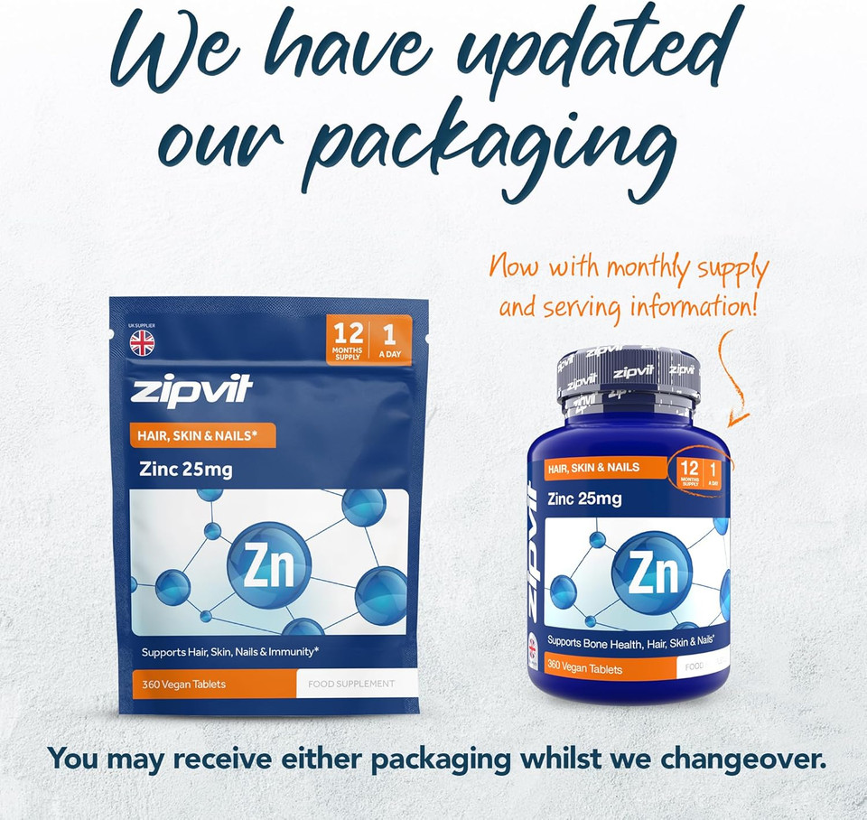 Zipvit Zinc 25mg Pouch, 12 Months Supply, Recommended Dose Zinc Supplement, Supports Hair, Skin, Nails, Bones & Vision, Promotes Immunity, Fertility & Reproduction for Men & Women, 360 Vegan Tablets