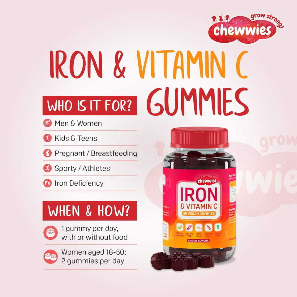 Iron & Vitamin C - Vegan Chewable Gummies - Chewable Vitamin C & Iron Supplement | Helps Strengthen Your Immune System | Sugar Free Gummies | Ferrous Sulfate Iron | Suitable for All Age - One a Day