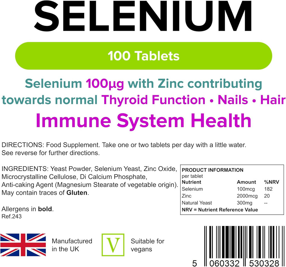 Lindens - Selenium 100mcg & Zinc - 100 Tablets - UK Made - Contributes to Healthy Skin, Nails & Hair, Promotes Immunity & Thyroid Function - Vegan Friendly, GMP & Letterbox Friendly