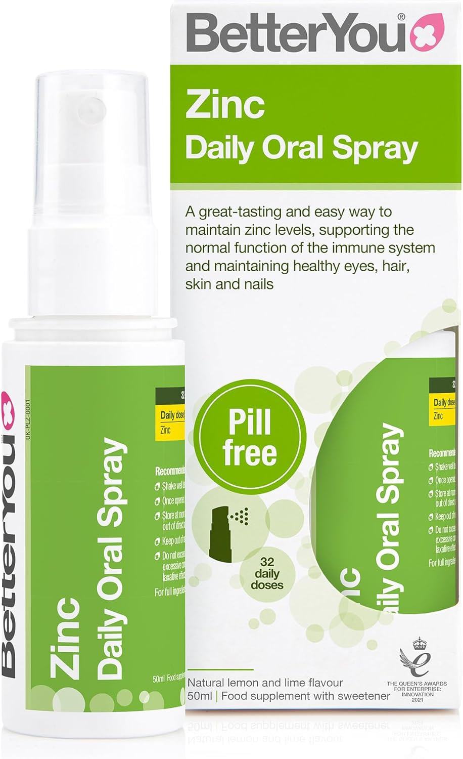 BetterYou Zinc Oral Spray Supplement, Fast Acting Zinc Bisglycinate Chelate Supplement for Immune System Support, 1-Month Supply, Made in The UK, Natural Lemon and Lime Flavour