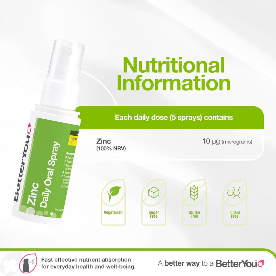 BetterYou Zinc Oral Spray Supplement, Fast Acting Zinc Bisglycinate Chelate Supplement for Immune System Support, 1-Month Supply, Made in The UK, Natural Lemon and Lime Flavour