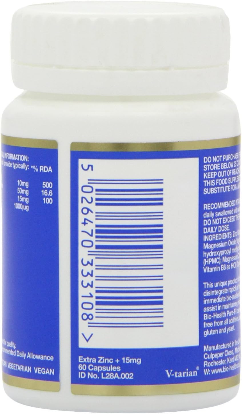 Bio-Health Extra Zinc Food Supplement with Vitamin B6, Magnesium and Copper Supports Normal Function of the Immune System Suitable for Vegetarians and Vegans, 60 Capsules