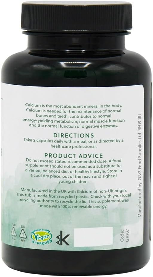 Calcium Citrate Capsules - 200mg Elemental Calcium Per 2 Capsule Dose - 120 Vegan Capsules - G&G Vitamins