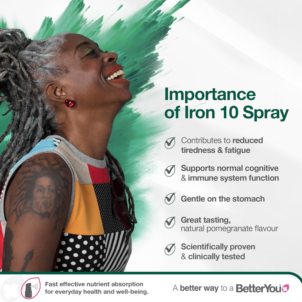 BetterYou Iron Supplement, High Strength Iron 10 Liquid Oral Spray for Men and Women, Fast-Acting to Support Energy & Immune System, Gentle on Stomach, Natural Pomegranate Flavor, 25ml BetterYou Iron Supplement, High Strength Iron 10 Liquid Oral Spray for Men and Women, Fast-Acting to Support Energy & Immune System, Gentle on Stomach, Natural Pomegranate Flavor, 25ml