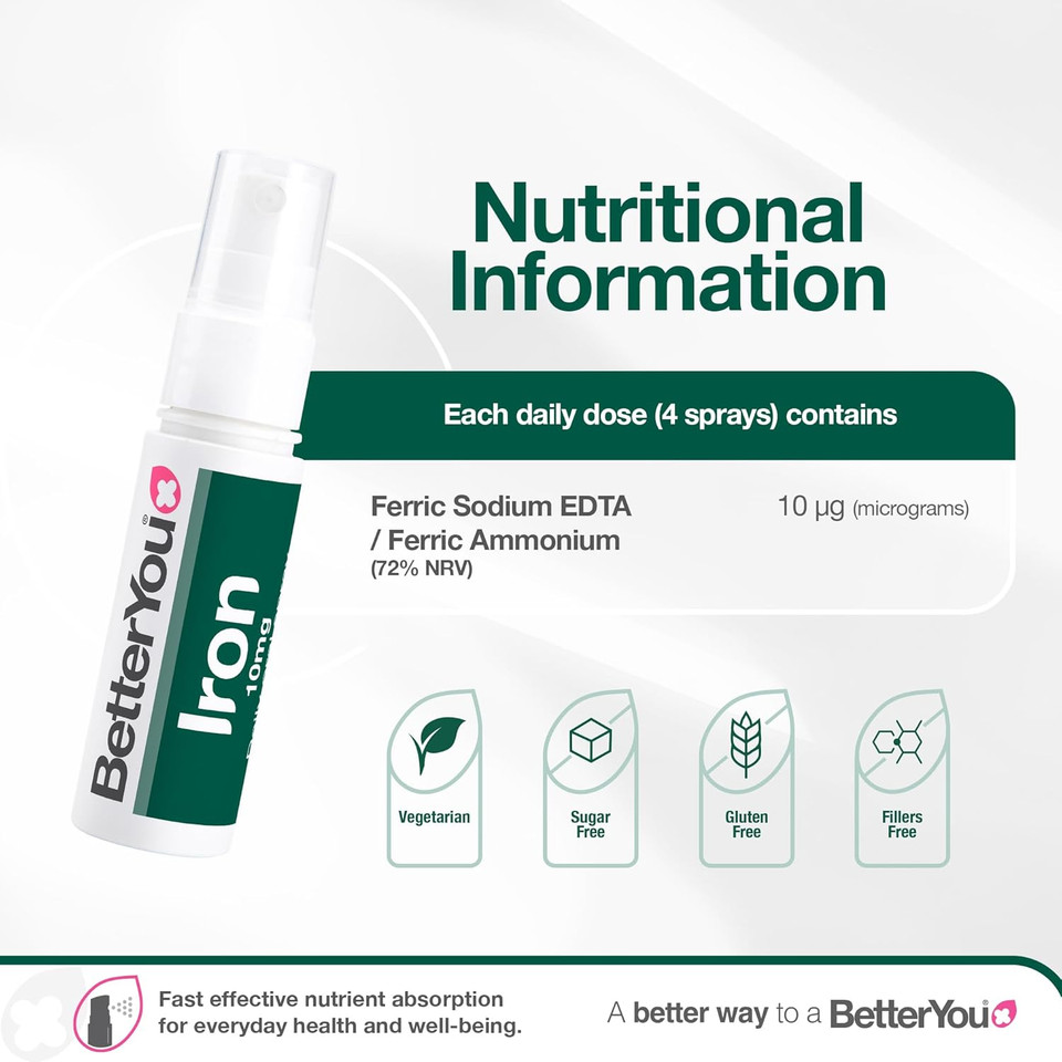 BetterYou Iron Supplement, High Strength Iron 10 Liquid Oral Spray for Men and Women, Fast-Acting to Support Energy & Immune System, Gentle on Stomach, Natural Pomegranate Flavor, 25ml BetterYou Iron Supplement, High Strength Iron 10 Liquid Oral Spray for Men and Women, Fast-Acting to Support Energy & Immune System, Gentle on Stomach, Natural Pomegranate Flavor, 25ml