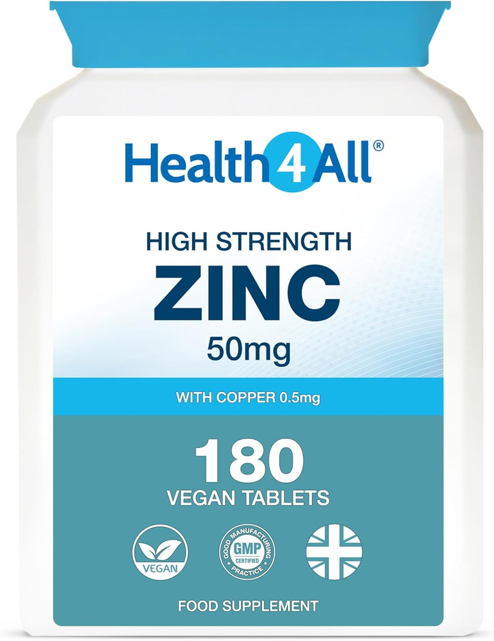 Health4All Zinc 50mg 180 Tablets 6 Months Supply, with Copper, High Strength Zinc Supplements for Immune Support, Skin, Hair & Nail, Vegan Immunity Supplements for Men & Women | Made in UK