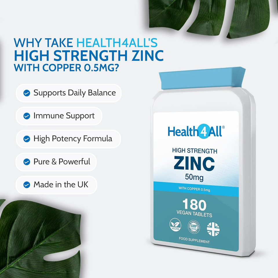 Health4All Zinc 50mg 180 Tablets 6 Months Supply, with Copper, High Strength Zinc Supplements for Immune Support, Skin, Hair & Nail, Vegan Immunity Supplements for Men & Women | Made in UK