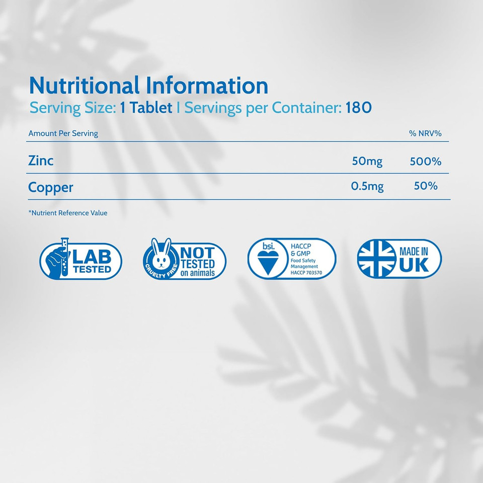Health4All Zinc 50mg 180 Tablets 6 Months Supply, with Copper, High Strength Zinc Supplements for Immune Support, Skin, Hair & Nail, Vegan Immunity Supplements for Men & Women | Made in UK