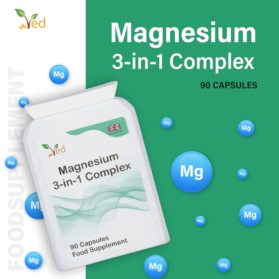 Ved Magnesium 3-in-1 Complex, Supplements as Magnesium Bisglycinate 400 mg, Oxide & Malate, Triple High Absorption 384mg Elemental,90 Vegan Capsules(45 Days Supply)
