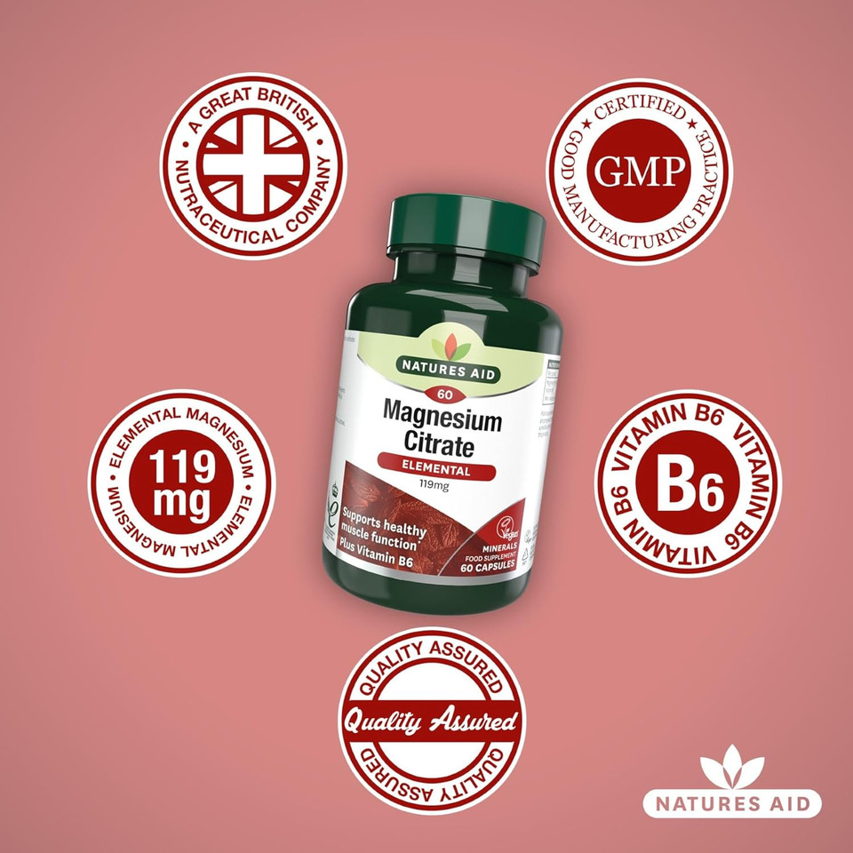 Natures Aid Magnesium Citrate 750mg with Vitamin B6  High Absorption Vegan Capsules  Supports Muscle, Nerve & Bone Health and Stress Relief  Non-GMO, Gluten-Free  60 Capsules
