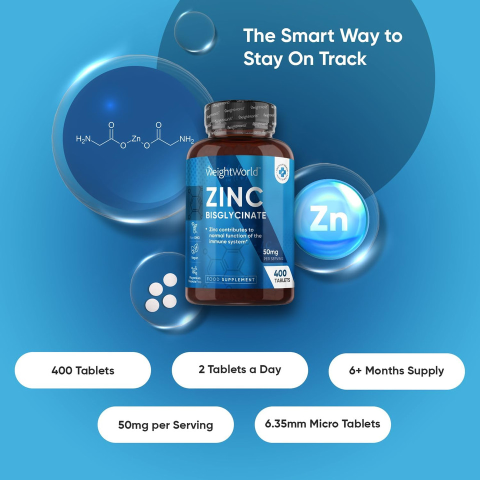 Zinc Tablets 50mg - 400 Vegan Tablets - 6+ Months Supply - Zinc Bisglycinate Supplement for Men & Women - Travel-Friendly - No Artificial Flavours Added - Non-GMO & Magnesium Stearate-Free