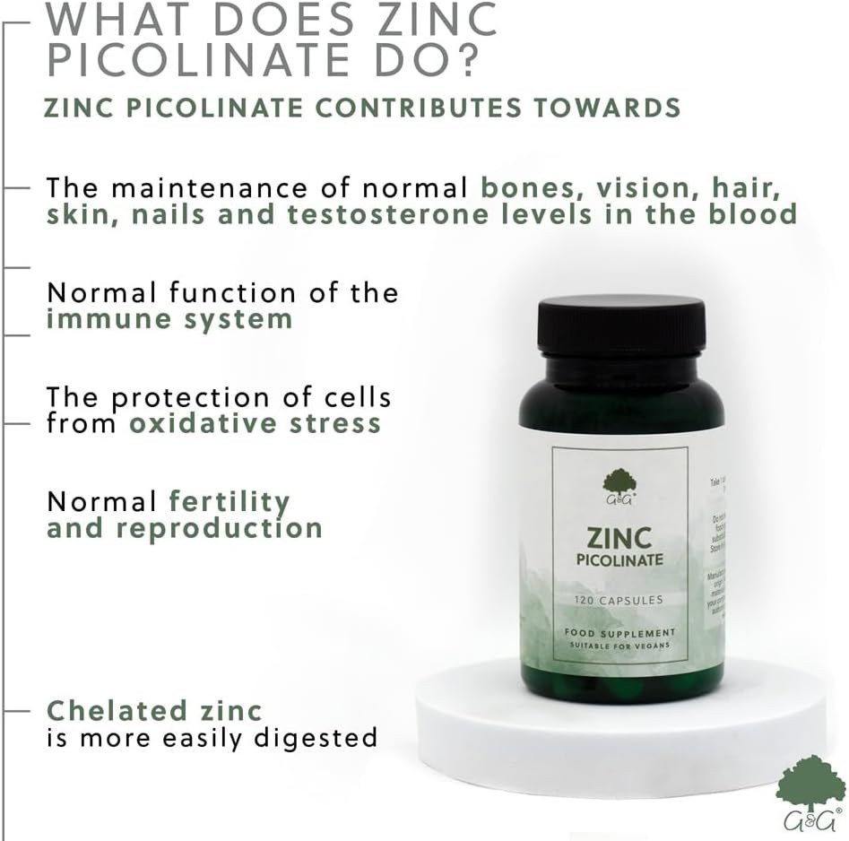 Zinc Picolinate - 22mg Elemental Zinc per Capsule - 120 Vegan Capsules - Chelated for Improved Absorption - Non-GMO, Made in The UK by G&G Vitamins
