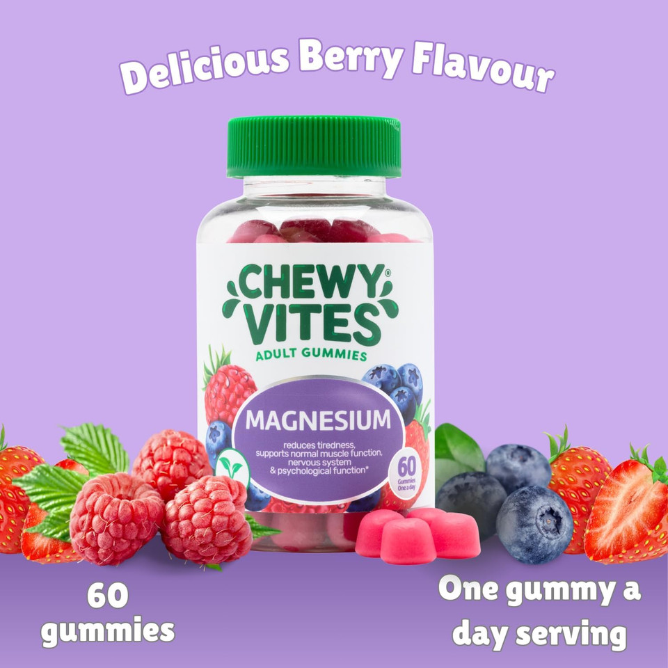 Chewy Vites Adult Gummies Magnesium Citrate 736mg Offering 82.5mg of Elemental Magnesium, 60 Vitamin Gummies, 2 Months Supply, Real Fruit Juice, Vegan, Berries Flavour