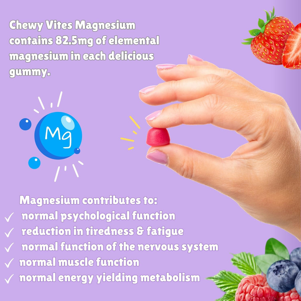 Chewy Vites Adult Gummies Magnesium Citrate 736mg Offering 82.5mg of Elemental Magnesium, 60 Vitamin Gummies, 2 Months Supply, Real Fruit Juice, Vegan, Berries Flavour