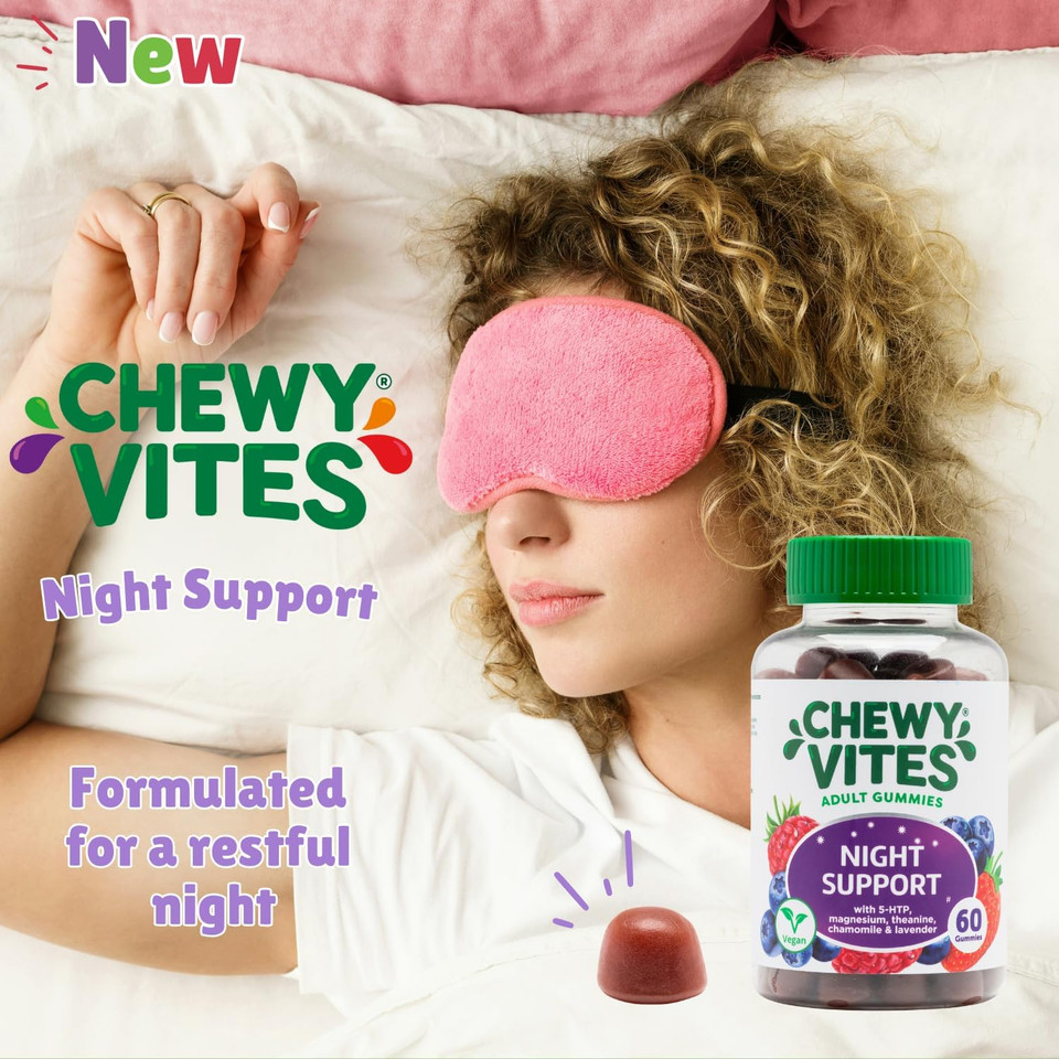 Chewy Vites Adult Night Support, 60 Non-Melatonin Gummies with 5-HTP, Magnesium, Theanine, Chamomile, Lavender, Herbal Night Time Gummies, 1 Months Supply, Berries Flavour