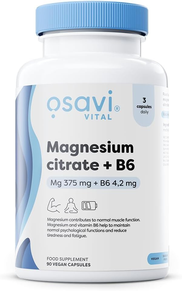 Osavi Magnesium Citrate + B6, 375 mg + 4.2 mg  90 Vegan Capsules | Supports Energy, Muscle Function & Nervous System | Magnesium Citrate with Vitamin B6 for Stress Relief & Vitality