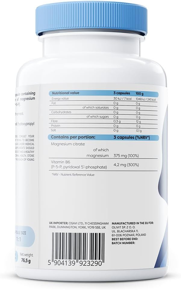 Osavi Magnesium Citrate + B6, 375 mg + 4.2 mg  90 Vegan Capsules | Supports Energy, Muscle Function & Nervous System | Magnesium Citrate with Vitamin B6 for Stress Relief & Vitality