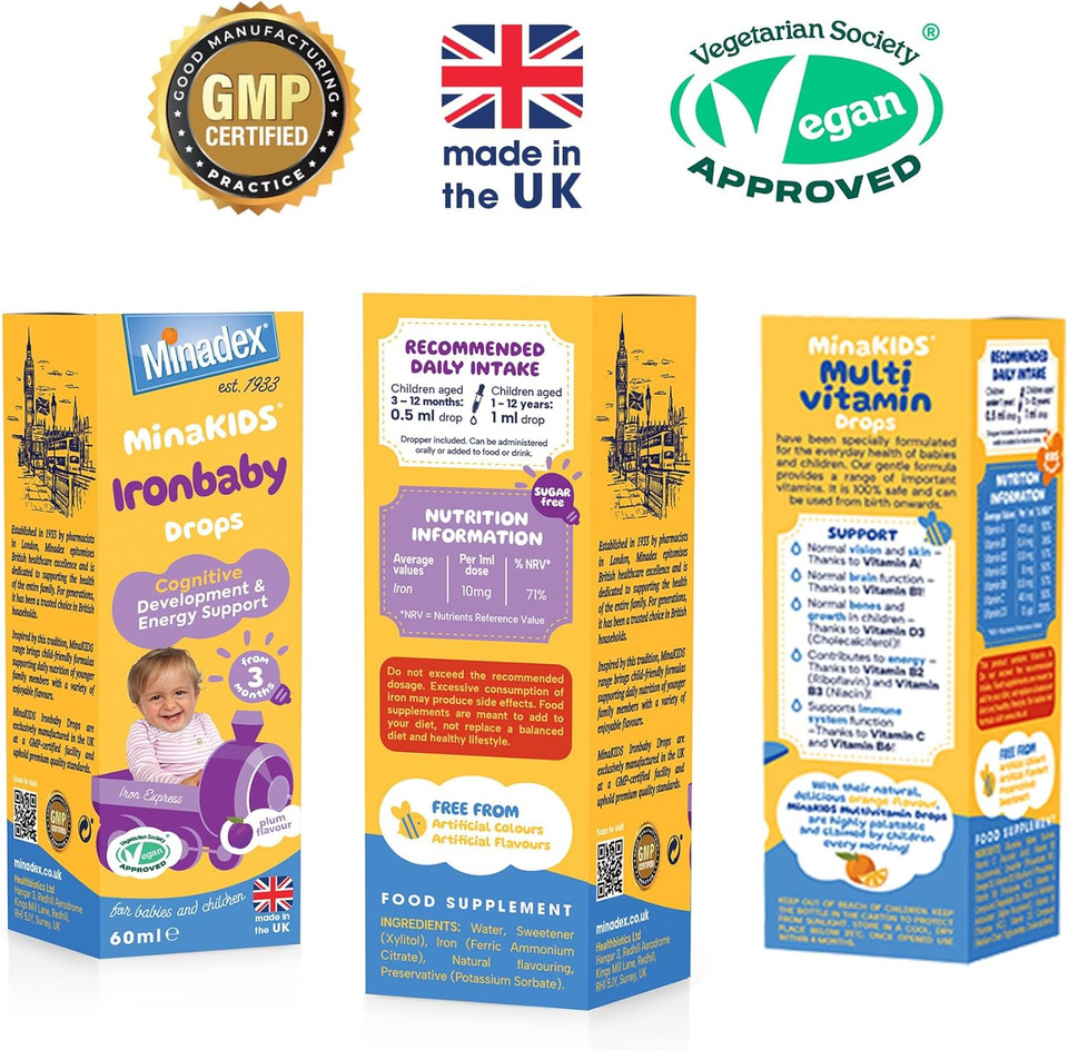 Minadex MinaKIDS Ironbaby Drops  Liquid Iron Supplement for Children, Sugar-Free, Vegan, Plum Flavour, 60ml (2-Month Supply), Supports Immune Health, Minimal Iron Aftertaste, Made in UK