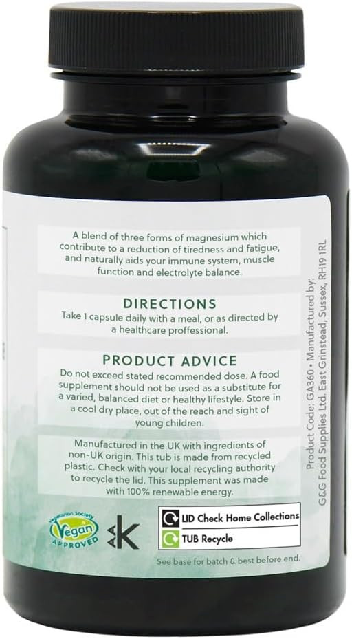 Triple Magnesium Supplement - Glycinate, Citrate & Malate - 74mg Elemental Magnesium per Capsule - 90 Vegan Capsules - G&G Vitamins