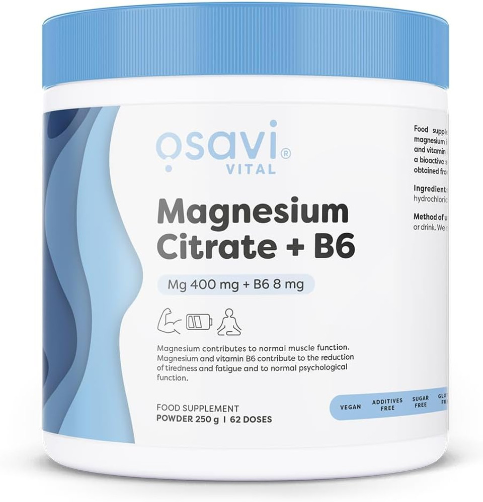 Osavi Magnesium Citrate + B6, Powder  250 g Powder | Supports Energy Metabolism, Muscle Function & Nervous System | Highly Absorbable Magnesium Citrate with Vitamin B6 for Stress Relief & Vitality
