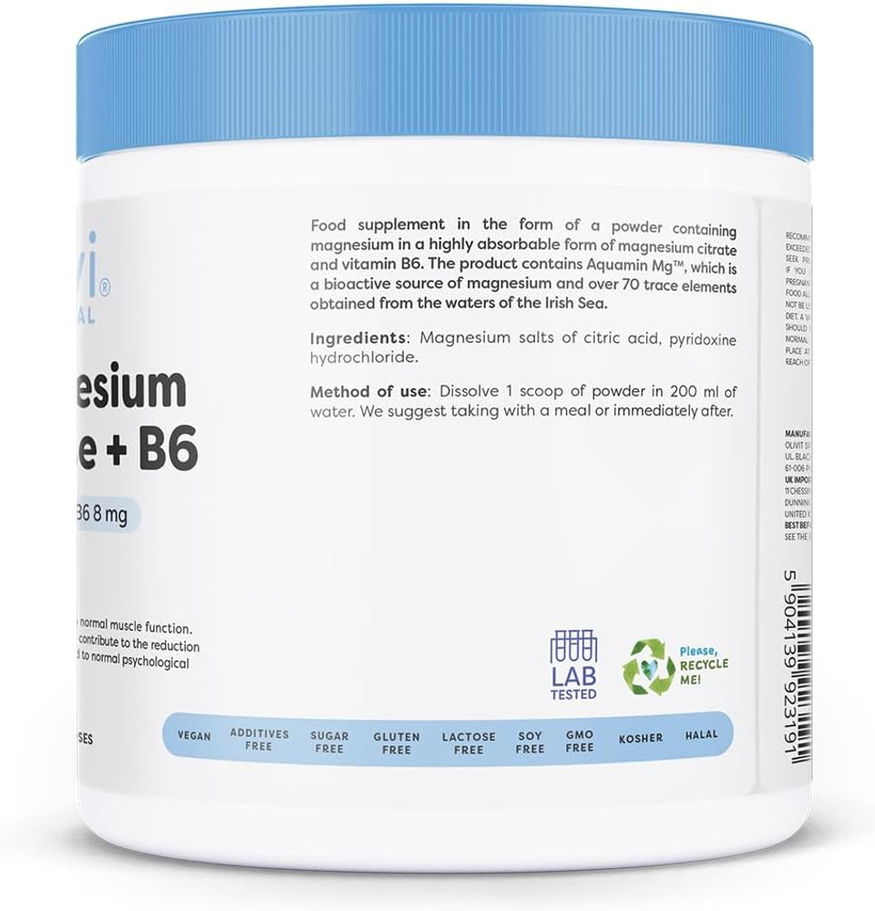 Osavi Magnesium Citrate + B6, Powder  250 g Powder | Supports Energy Metabolism, Muscle Function & Nervous System | Highly Absorbable Magnesium Citrate with Vitamin B6 for Stress Relief & Vitality