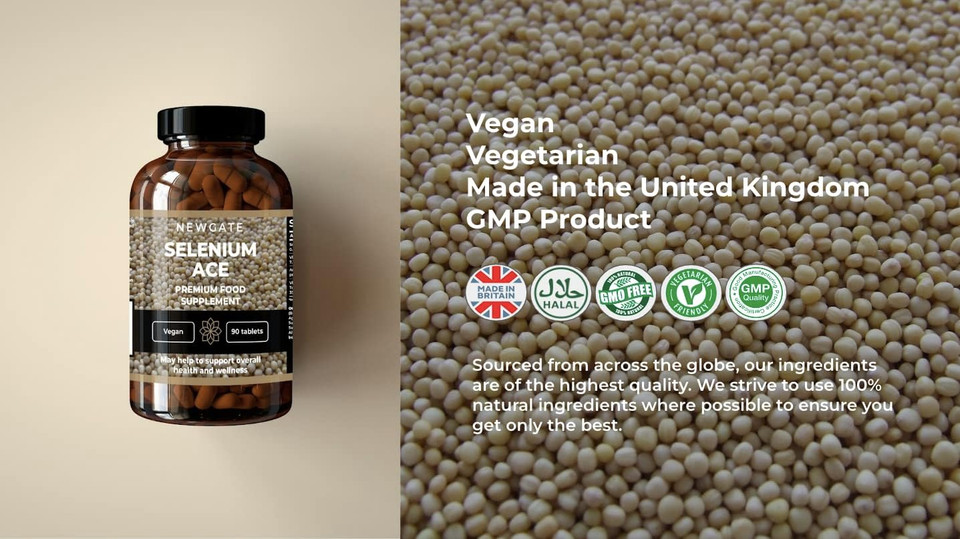 Selenium ACE 90 Vegan Tablets - Premium Nutritional Supplement - With Vitamin A, C and E - Immunity Support & Thyroid Health - Halal - Made in the UK - GMP Certified