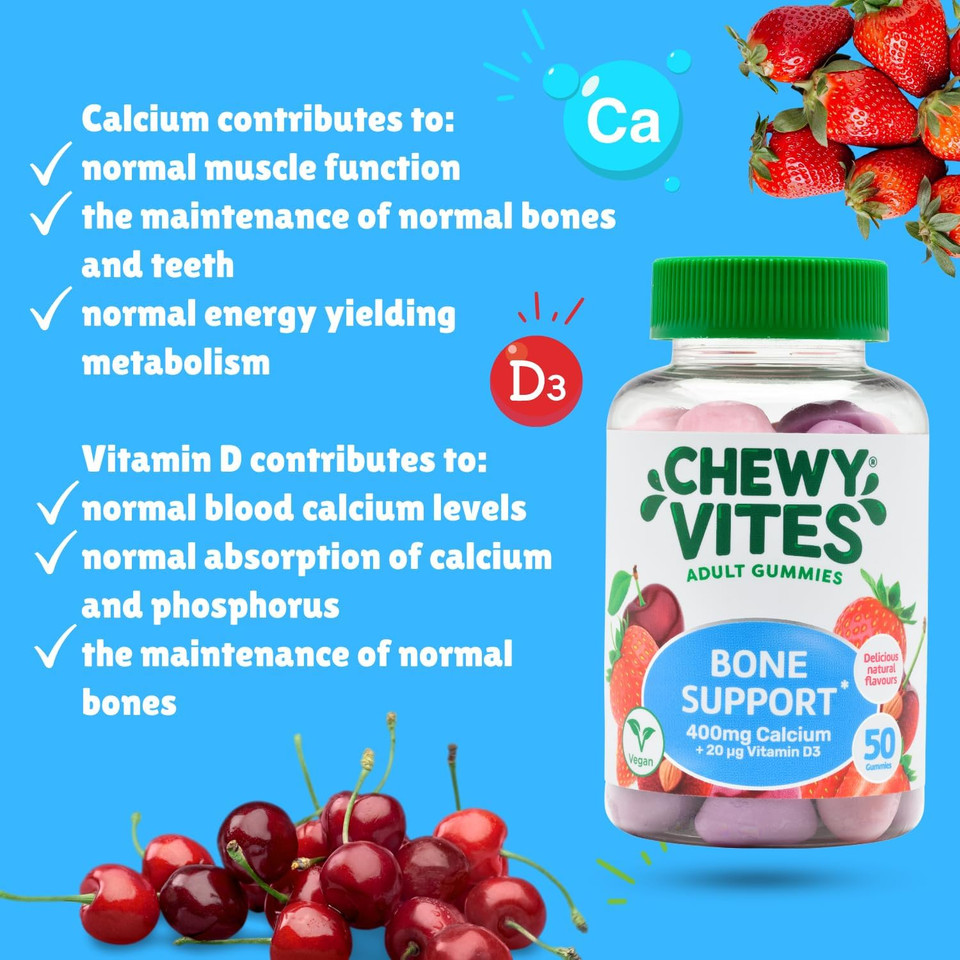 Chewy Vites Adult Bone Support 50 Vitamin Gummies, 400mg Calcium Gummies with 20 mcg Vitamin D3, for Bones, Teeth & Muscle Function, 2-a-Day, Vegan, Mix of Wild Cherry and Strawberry Flavour