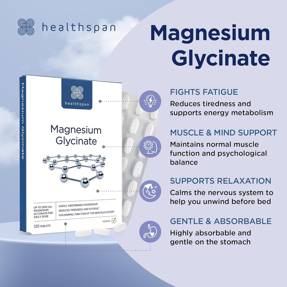 Healthspan Magnesium Glycinate 1500mg (120 Tablets) | Unwind at Bedtime | Reduces Tiredness & Fatigue | Maintains Normal Muscle & Psychological Function | Gentle on Your Stomach | Vegan