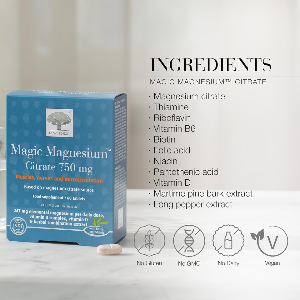 New Nordic Magnesium Citrate - 750 mg Extra Strength - Muscle & Sleep Support for Women & Men - Vitamin B Complex & Vitamin D - 60 Tablets