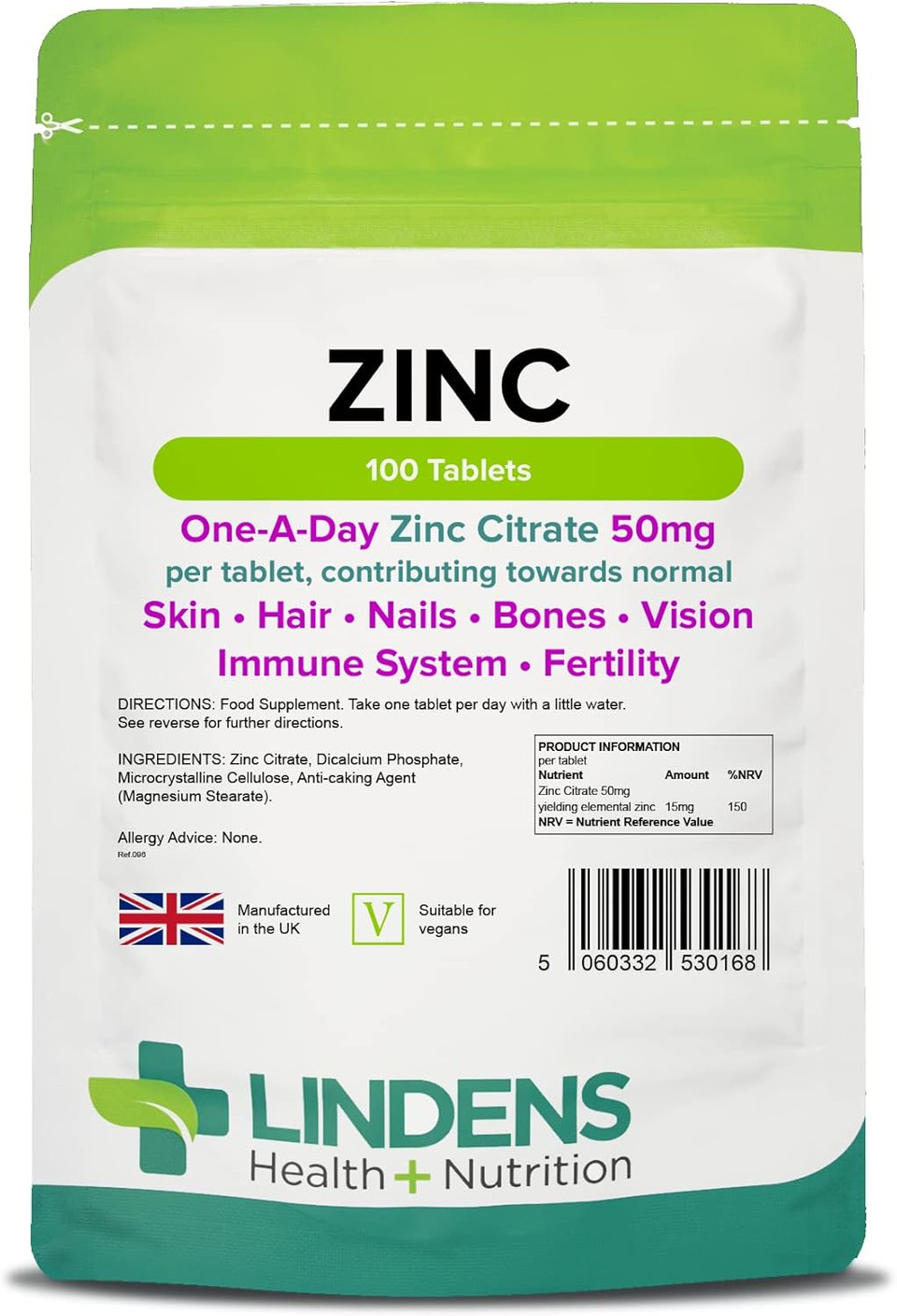 Lindens Zinc Citrate 50mg Tablets - 1000 Pack - High Strength 150% Nrv Dose Contributing Towards Normal Skin, Hair, Nails, Bones, Vision, Immune System and Fertility