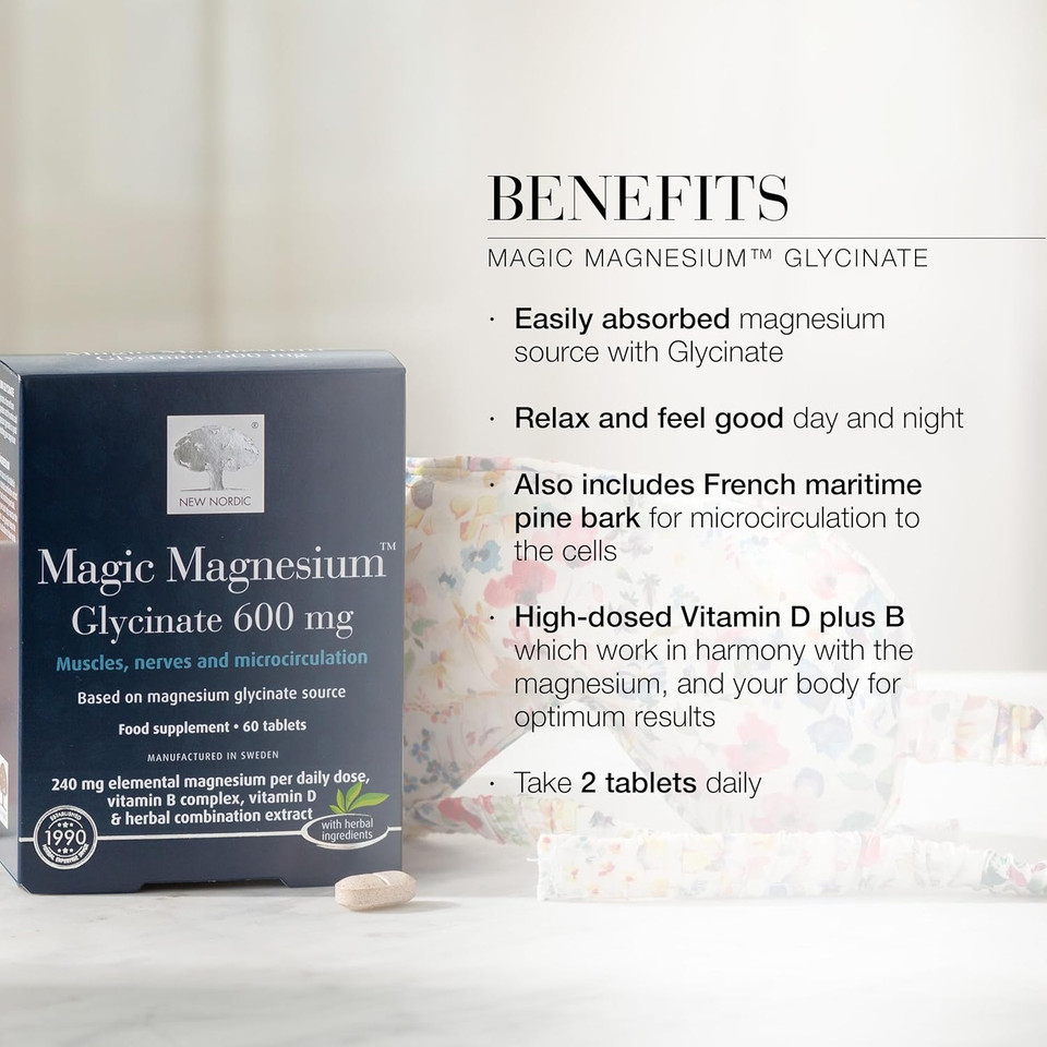 New Nordic Magnesium Glycinate, 600 mg Extra Strength, Sleep & Muscle Support for Women & Men, Pine Bark & Long Pepper Extract, 60 Tablets (Pack of 1)